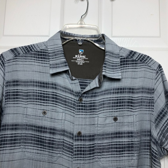 KUHL Skorpio Cotton Linen Blend Button Down Short Sleeve Plaid Gray Shirt S - Picture 3 of 16